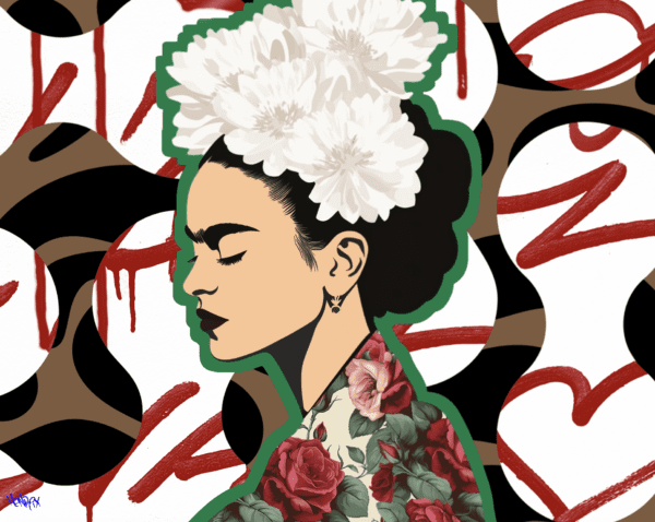 Detail view of Frida Kahlo in Frida’s Love painting by Henrix